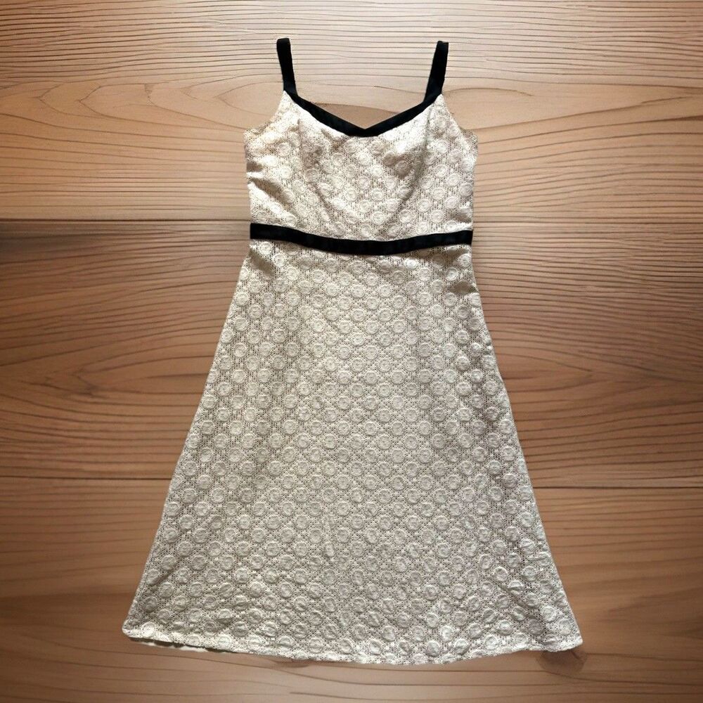 Ann Taylor Loft Ivory Cream Lace Midi Dress Lined Black Trim Sundress Size 8